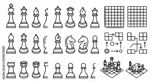 Bild auf Leinwand Chess pieces collection line art icons with board variations for strategy game d