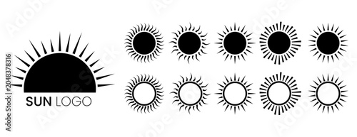 Sun Logo Collection Set with Abstract Sunburst Icons, Solar Energy Symbols and Modern Sunshine Vector Designs