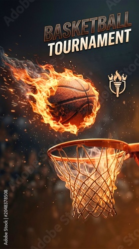Dynamic sports design showing flaming basketball entering hoop, sparks glowing, dark background, and bold BASKETBALL TOURNAMENT text with torch logo