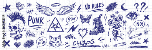Bild auf Leinwand A collection of hand-drawn punk, rock, and grunge doodles in blue ink on checkered notebook paper, featuring a skull, cat, boot, and symbols