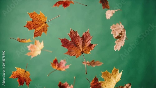 Autumn leaves falling naturally in soft golden sunlight against blurred green background