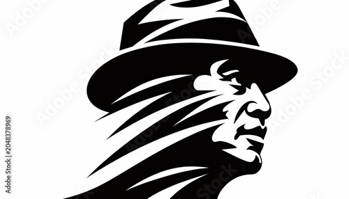 Striking Monochrome Vector Portrait of a Man in a Fedora Hat Facing Right, Isolated on Transparent Background