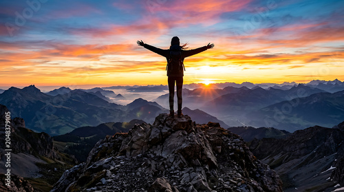 Hiker stands on top of a mountain peak with arms outstretched against a vibrant sunset sky.
