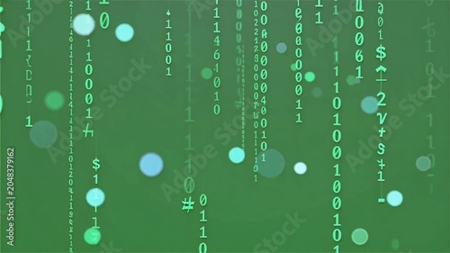 Digital data numbers and binary code falling in neon green matrix animation