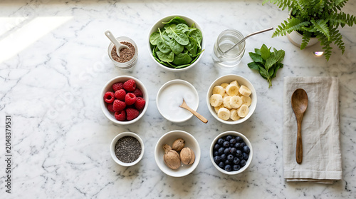 Bowls of fresh ingredients sit on a white marble countertop to illustrate a healthy meal preparation process.