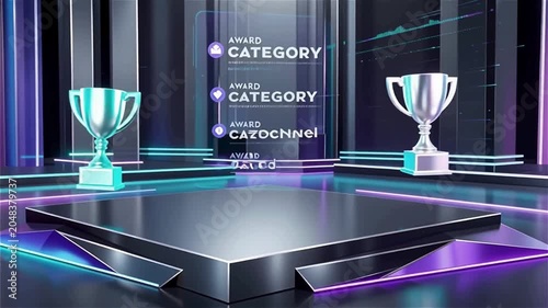 Futuristic award ceremony stage with glowing trophy and digital interface display in neon lighting