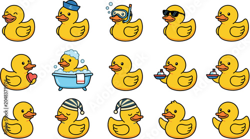Obraz na plátně Cute yellow rubber duck vector collection featuring cartoon bath toy icons in va