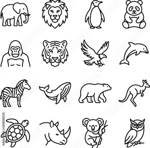 Photography Black and white line drawings of various wild animals and icons