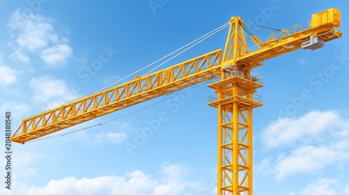 Bright Yellow Construction Crane Against Blue Sky with Clouds, Heavy Machinery for Urban Building Projects, Engineering Site Equipment for Construction Work