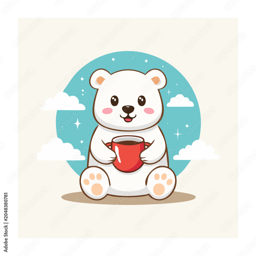 Fototapeta premium Cute polar bear holding a red cup of coffee