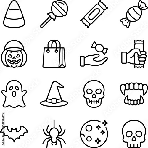 Halloween icons and symbols in line art style on white background