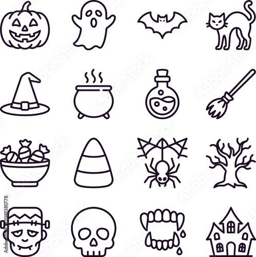 Tableau sur toile Halloween icons set including pumpkin ghost bat cat witch hat cauldron candy