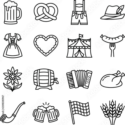 Oktoberfest themed icons including beer and traditional German clothing and food