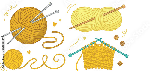 Photos Knitting and handicraft vector set featuring yellow yarn balls skeins knitting n