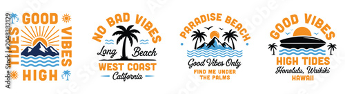 Valokuva Surf Vector Collection Featuring Waves, Palm Trees and Sunset Landscapes, Ideal