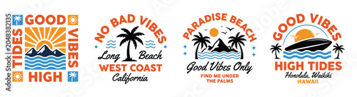 Konstfotografi Surf Theme Vector Design Set with Ocean Waves, Palm Trees and Tropical Sunsets,