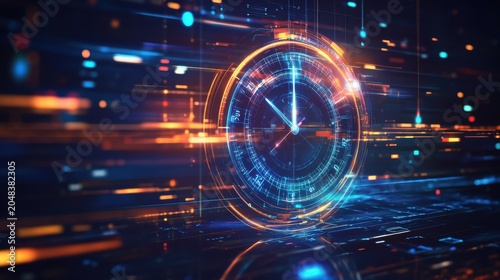 Futuristic digital clock concept with glowing particles and motion blur background representing speed of time