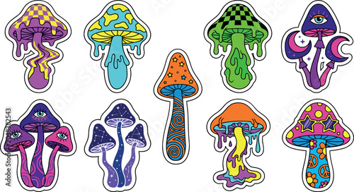 Φωτογραφία Psychedelic mushroom sticker vector set featuring neon trippy mushrooms with che