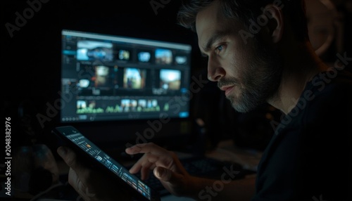 There is a man that is looking at a cell phone in front of a computer screen