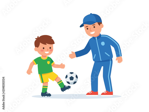 Fotografía Soccer coaching vector illustration featuring trainer guiding young player durin