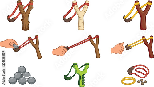 Fotografie Slingshot vector icons set featuring wooden and plastic hand catapults stretched