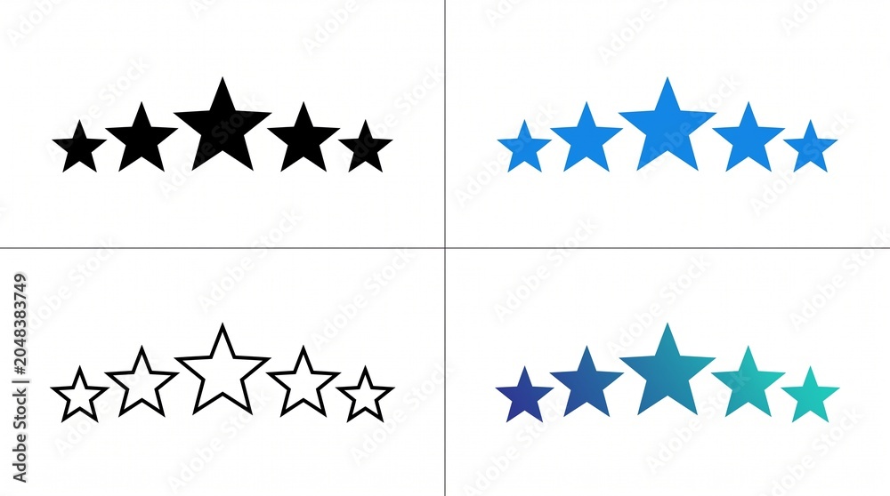 Fototapeta premium Set of five star rating icons in solid, outline, blue and gradient styles on white background, perfect for customer feedback systems, product reviews and business reputation marketing