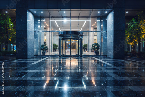Modern building entrance with a revolving door, featuring reflective flooring and illuminated architecture at twilight