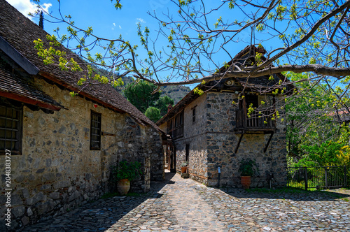 Entry to the  buildings of the barn churches of Agios Ioannis Lampadistis Landscape with buildings of the barn churches of Agios Ioannis Lampadistis  in the Troodos mountains in the village of Kalopan