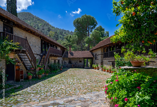 Inner yard of the barn churches of Agios Ioannis Lampadistis in the troodos mountains in the village of Kalopanagiotis in spring, Cyprus