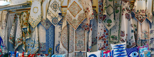 Offer of traditional textiles from a street vendor in Omodos, Cyprus