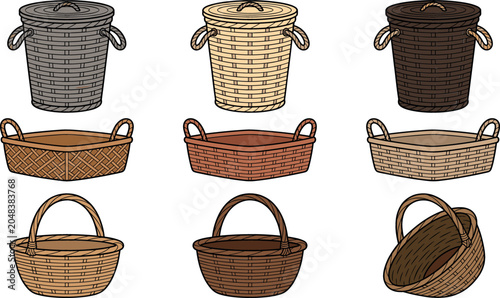 Schilderij op canvas Woven wicker basket vector collection featuring rustic laundry hampers with lids