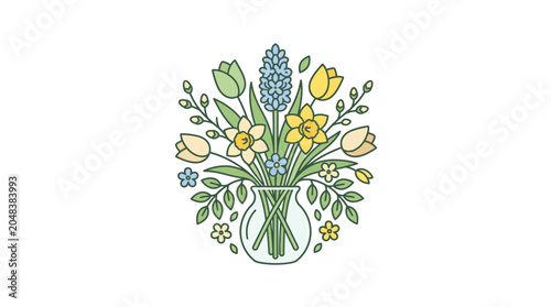 Cuadro en lienzo Spring Flower Bouquet in Glass Vase, Line Art Illustration, Pastel Colors