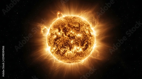 Glowing sun sphere with radiant corona in deep space cosmic background