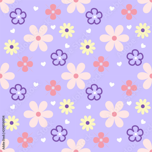Cute pastel flower seamless pattern on purple background. Minimalist groovy flower pattern in pastel purple, pink and yellow. Cute floral background for wrapping paper, wallpaper, and fabric print.