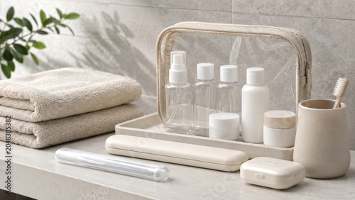 Travel Toiletries Kit. A travel toiletry set with miniature containers, cosmetic jars, and travel essentials organized in a clear pouch, promoting organization and portability for journeys.