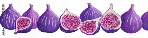 A vibrant illustration showcasing whole and halved figs, their purple skin contrasting with the pink flesh inside, all set against a white backdrop
