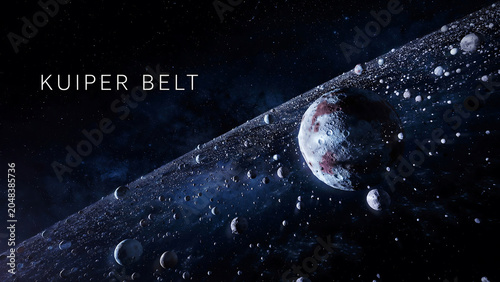 Kuiper Belt region in outer solar system with many small icy bodies and celestial objects floating in space