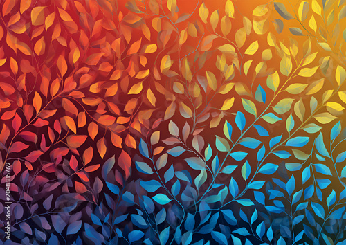 A vibrant artistic representation of leaf-filled branches, transitioning from red to blue across a warm gradient background