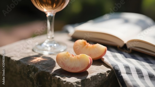 Relaxing summer afternoon with a glass of rose wine fresh peach slices and an open book outdoors.