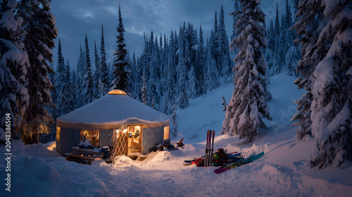 A serene snowy scene at dusk features a yurt glowing warmly amidst evergreen trees, surrounded by fresh snow