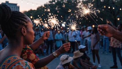 Vivid outdoor Juneteenth celebration party with beautiful sparklers burning brightly against the dusk sky, capturing the joyful spirit of freedom and community in a photorealistic festive scene.