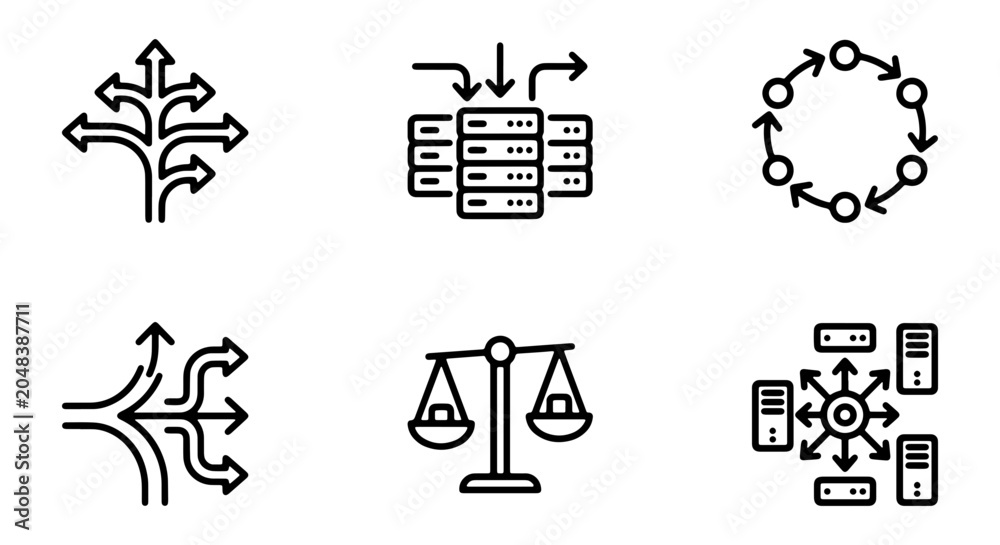 Naklejka premium Data Flow and Network Icons: Server, Balance, Branching Arrows, Circular Arrows, Data Distribution, Decision Paths