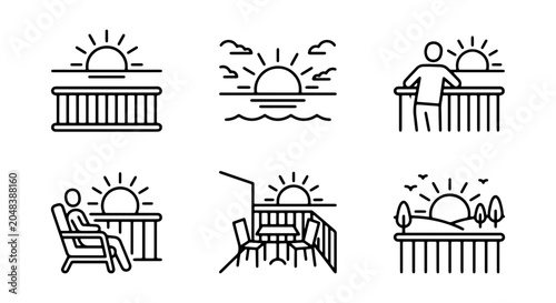 Balcony Icons, Sunrise Views, Relaxation Scenes, Outdoor Living, Vector Graphics, Modern Design Elements