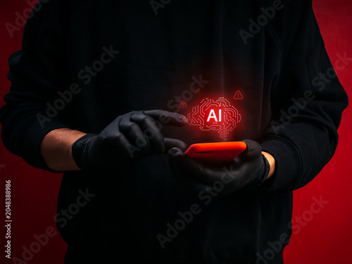 Cybercriminal using smartphone with AI brain powered scam interface and digital warning alerts. Concept of AI fraud, cybercrime, phishing attack, online deception and artificial intelligence threats.