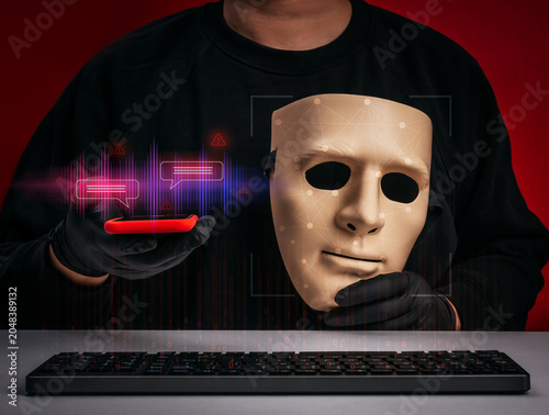 Canvas Print Cybercriminal holding mask with AI voice scam interface and digital identity manipulation concept