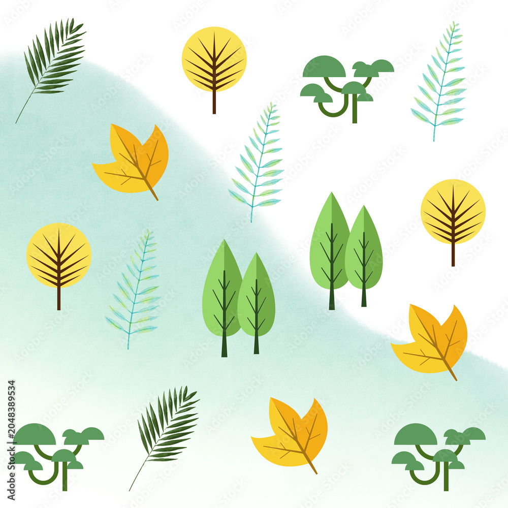 Fototapeta premium Set of decorative nature elements with stylized trees leaves and forest mushrooms for graphic design