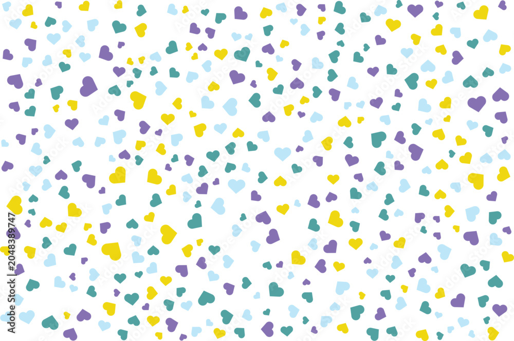 Fototapeta premium Colorful heart pattern background with purple yellow green and blue hearts on white