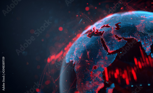Digital rendering of Earth with glowing red lines and dots encircling the globe against a dark, blurred background
