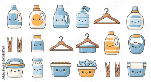 Kawaii laundry supplies illustration set featuring cute detergent bottles, hangers, clothespins, and cleaning containers with smiling faces isolated on a white background.