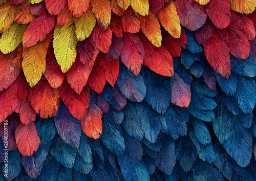 Close-up view of vibrant, multi-colored feathers layered together in a textured pattern, creating an abstract, dynamic, and colorful composition